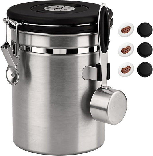 ShanSon Coffee Canister Airtight, Stainless Steel Bean Storage Container with Date Tracker & Scoop, Grounds Sugar Flour Tea Cereal Fits Kitchen Pantry, Ideal Gift for Coffee Lovers,22oz,Silver
