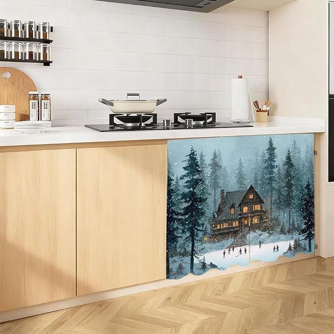 Self Adhesive Cabinet Curtain for Mother's Day, 39x28 Inch Vintage Cabin Under Sink Skirt No Drill, Spring Cleaning Kitchen Decor, Hook and Loop Laundry Valance, Forest Lake Fabric Panel