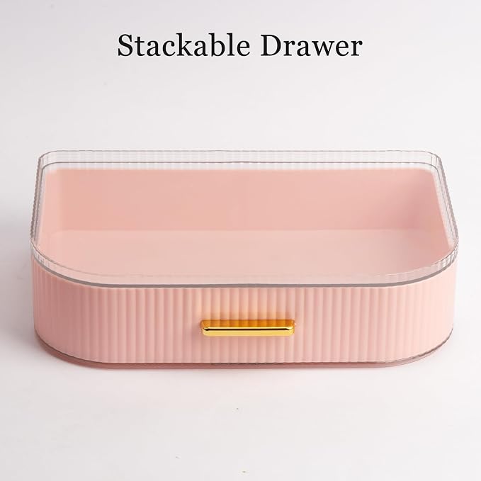 Makeup Organizer with Stackable Drawer and 360 Rotating Brush Holder, Cosmetic Storage Display, 11-inch Wide Beauty Counter, Pink, Large (Tray + 1 Drawer)