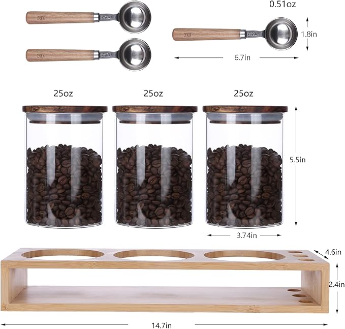 KKC Airtight Loose Leaf Tea Canister Set with 3 Wooden Handle 1 TBSP Spoons - 3 Pack 25 oz Glass Tea Storage Jars with Bamboo Lid and Rack, Elegant Countertop Tea Station Organizer for Matcha & Chai
