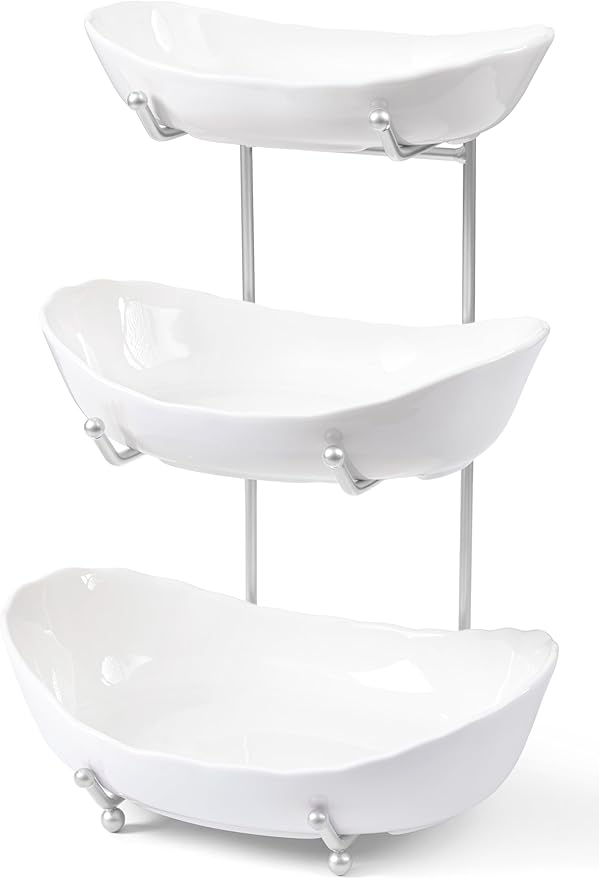 HBlife Fruit Bowl for Kitchen Counter - 3 Tier Ceramic Fruit Bowl Holder with Metal Stand, Tiered Fruit Basket for Fruit and Vegetable Storage, Serving Trays for Party