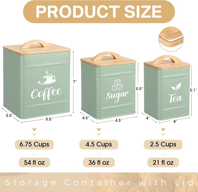 Maxdot 3 Set Coffee Sugar Tea Containers, Square Airtight Kitchen Canisters Storage Ground Organization with Bamboo Lids Rustic Metal Jars for Coffee Bar Beans, Tea Leaves, Food, Countertop(Turquoise)