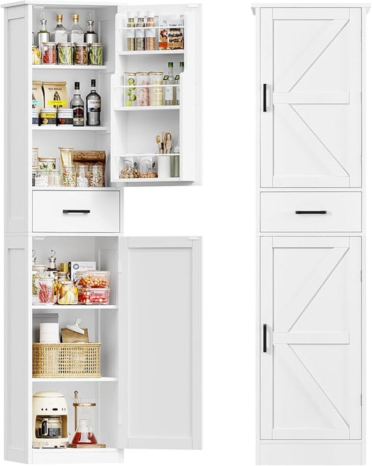 TEENFON Tall Storage Cabinet with 3 Door Shelves & 1 Drawer, Narrow Kitchen Pantry Cabinet for Living Room, Bathroom, Entryway, White