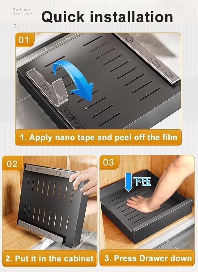 Pull Out Cabinet Adhesive Pull Out Teles Kitchen Drawer 25kg Load Capacity Slide Out Drawer for Kitchen Cupboard Storage,40CM-Black