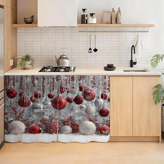 Self Adhesive Red & Silver Bauble Cabinet Curtain for Mother's Day, 39x28 Inch Sparkling Ornaments Under Sink Skirt No Drill, Spring Cleaning Kitchen Decor, Hook and Loop Valance