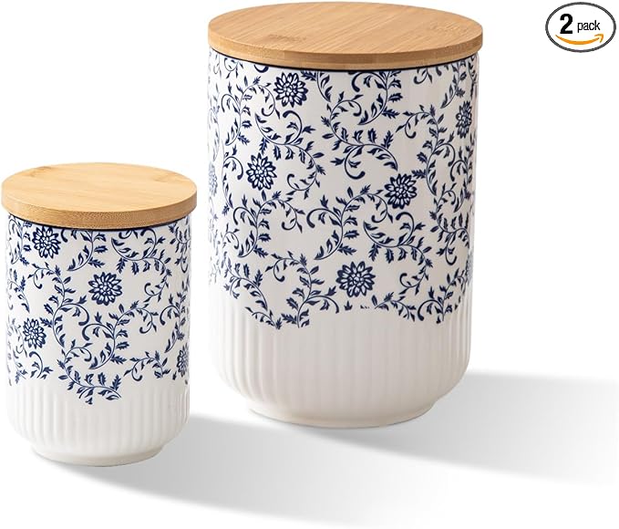 Canisters Sets for the Kitchen - 2 Pcs 74/18 oz Ceramic Kitchen Containers for Countertop with Airtight Wood Lids - Flour and Sugar Containers for Coffee Tea Spice Beans Cookie Jars - Blue
