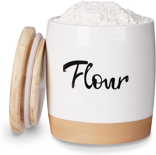 LEETOYI Ceramic Food Storage Containers with Lid,Modern Farmhouse Kitchen Decor, Countertop Food Storage Caddy Organizer, 33oz (Labeled Flour)