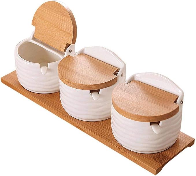Ceramics Storage Jar Porcelain Condiment Jar Spice Container with with Flip Lid and Spoon - Best Creative Seasoning Box for Your Home, Kitchen, Counter (3)