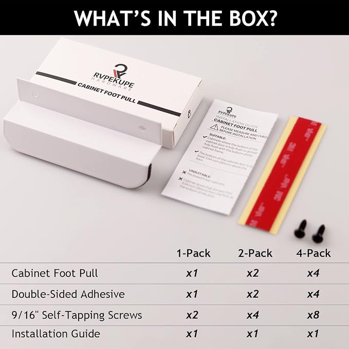 RVPEKUPE 2-Pack Under Cabinet Foot Pull with Adhesive and Screws, Hands Free Toe Foot Pull Opener for Kitchen Trash Cabinet Drawer, 4 Inch (White)