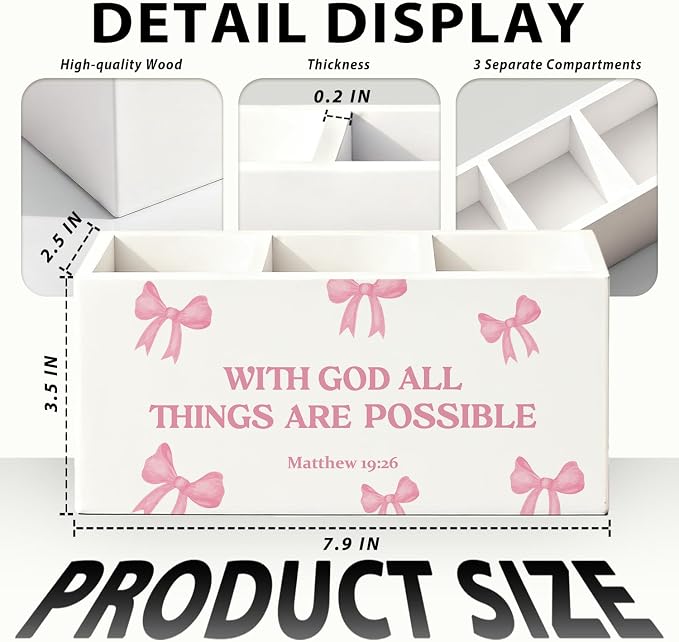 Coquette Pink Bow Christian Pen Pencil Holder for Desk, Christian Gifts for Women, With God All Things Are Possible Wooden Box Sign Decorations for Girly Room Bedroom Dorm Office Desk Tabletop