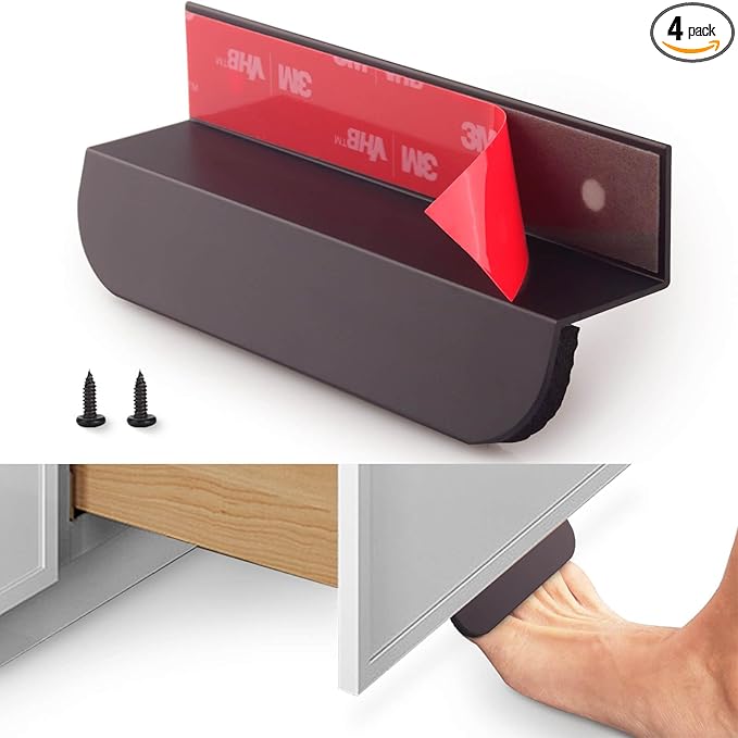 RVPEKUPE 4-Pack Under Cabinet Foot Pull with Adhesive and Screws, Hands Free Toe Foot Pull Opener for Kitchen Trash Cabinet Drawer, 4 Inch (Matte Black)
