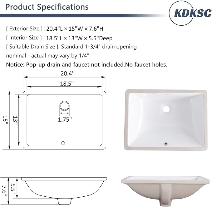 21 Inch Undermount Bathroom Sink White Ceramic Rectangular Under Counter Bathroom Sink for Cabinet Porcelain Vanity Sinks,Overflow Type (20.4"x15.0")