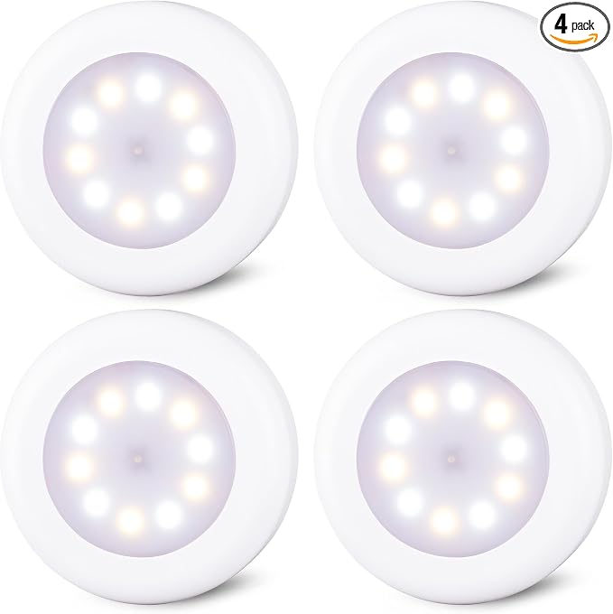 STAR-SPANGLED 4 Pack 3.1” Dimmable Push Tap Lights, Stick on LED Touch Puck Lights AA Battery Operated, 3 Color Modes Sticky Button Lamps for Classroom, Kitchen, Under Cabinet, Closet