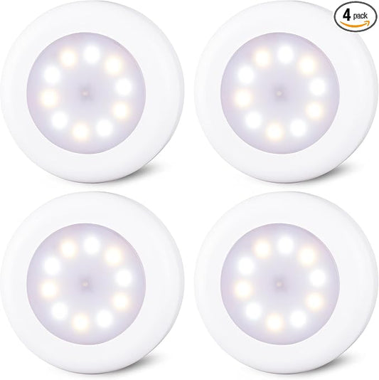 STAR-SPANGLED 4 Pack 3.1” Dimmable Push Tap Lights, Stick on LED Touch Puck Lights AA Battery Operated, 3 Color Modes Sticky Button Lamps for Classroom, Kitchen, Under Cabinet, Closet