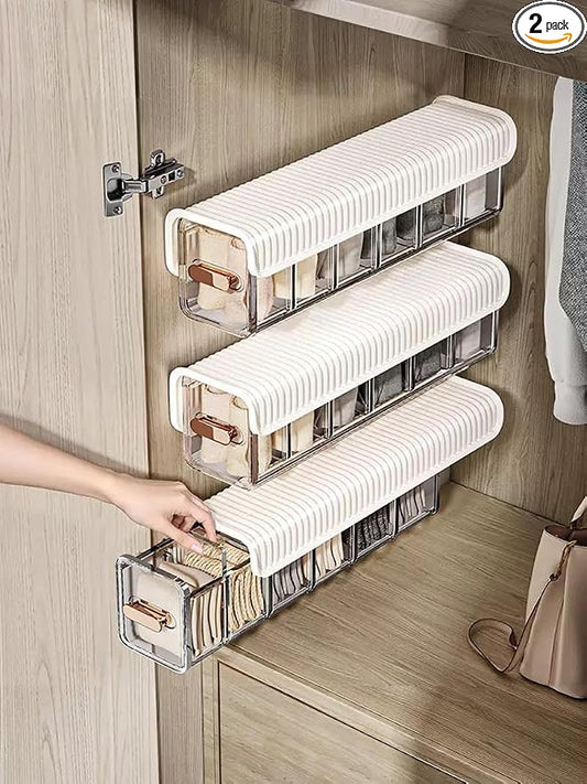2 PCS No-Drill Wall Mount Underwear Organizer - Clear Drawer with Removable Dividers for Closet, 6-Slot Hanging Storage for Socks, Bras, Panties, Smooth Gliding & Space Saving (White&Transparent)