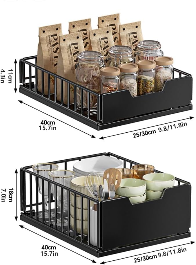 Pull Out Cabinet Organizer, Metal Slide Out Drawers for Kitchen Cabinets, Pantry Pull Out Shelves, Adjustable Drawers for Cupboard with Adhesive Film for Bathroom Black