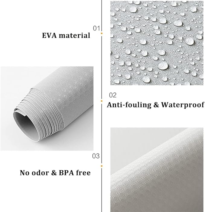 Waterproof Shelf Liner No Slip Drawer Liner for Bathroom, Non Adhesive Kitchen Cabinet Mats EVA Plastic Drawer Mats Roll for Closet, Shelves, Cupboard, Countertop, Fridge Liner - Light Grey 17.7"×197"