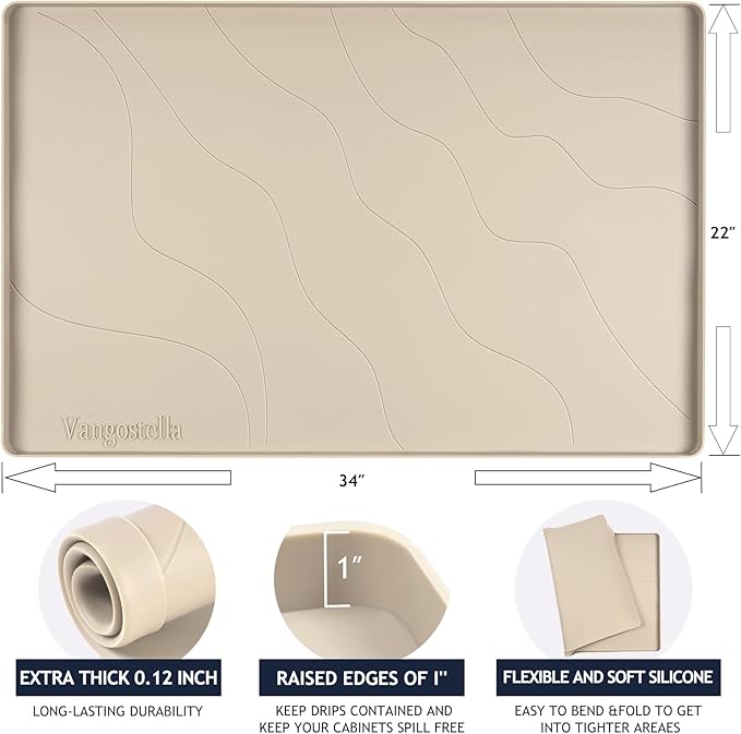 Heavy Duty Silicone Under Sink Mat for Kitchen Waterproof 34" x 22", Extra Thick Rubber Mat Drip Tray, Raised Edge Under Sink Liner, Prevent Drips, Leaks, Spills, Beige