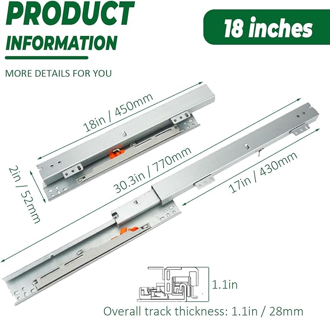 1 Pair 18" Undermount Drawer Slides, Soft Close Bottom Mount Pull Out Shelf Slider Full Extension Invisible Base Mount Drawer Slies for Cabinet Tray Kitchen Pantry Drawer