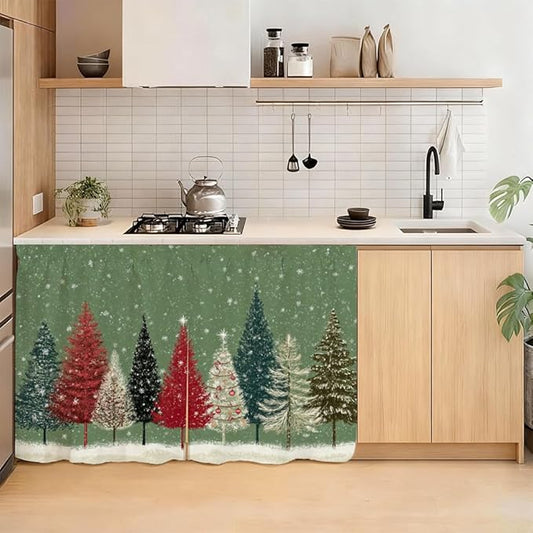 Winter Colorful Pine Trees Snowfall Scene Cabinet Curtain 39.37 x 27.56 Inch Polyester Decorative Cover for Kitchen Sink Cabinet Bathroom Vanity Laundry Area Table Window Door