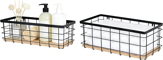 ShabbyDecor Metal Wire Basket Detachable Wood Base Storage Organizer Farmhouse Hanging Basket for Kitchen Cabinets, Bathroom, Pantry, Laundry Room Set of 2,Black Color