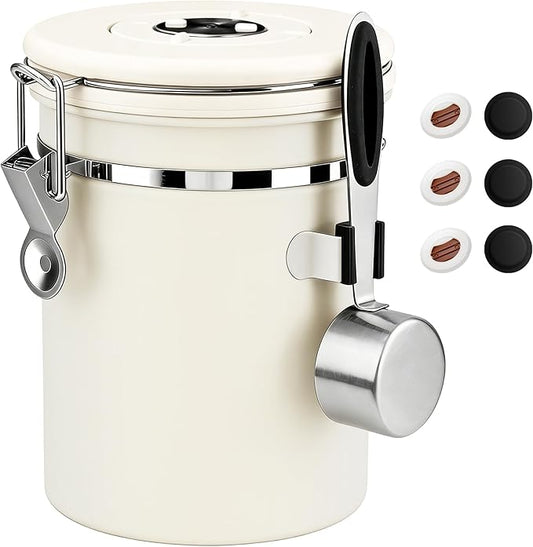 ShanSon Coffee Canister Airtight, Stainless Steel Bean Storage Container with Date Tracker & Scoop, Grounds Sugar Flour Tea Cereal Fits Kitchen Pantry, Ideal Gift for Coffee Lovers,22oz,Beige