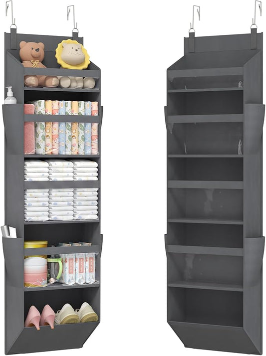 Lifewit 1 Pack Over the Door Organizer, 5 Section Clear Window Hanging Storage with 4 Side Pockets, Sturdy Anti Tilt 40 lbs Load Behind Door for Closet, Bedroom, Bathroom, Nursery, Dorm, Dark Gray