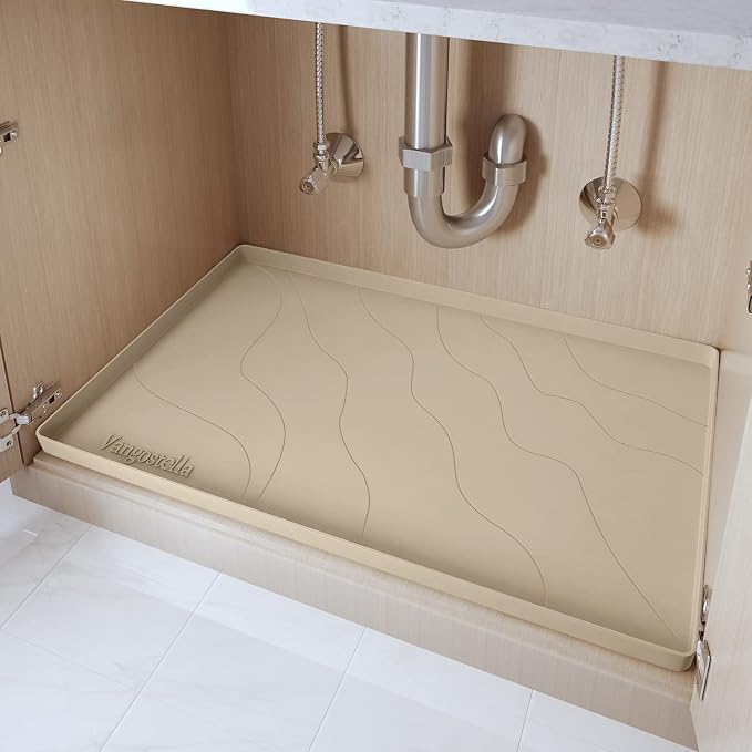 Heavy Duty Silicone Under Sink Mat for Kitchen&Bathroom 25" x 19",Waterproof Under Sink Rubber Mat Drip Tray, Raised Edge Under Sink Liner,Prevent Drips, Leaks, Spills,Beige