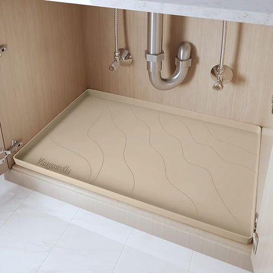 Heavy Duty Silicone Under Sink Mats for Kitchen Waterproof 34" x 19", Extra Thick Under Sink Rubber Mat Drip Tray, Raised Edge Under Sink Liner,Prevent Drips, Leaks, Spills,Taupe