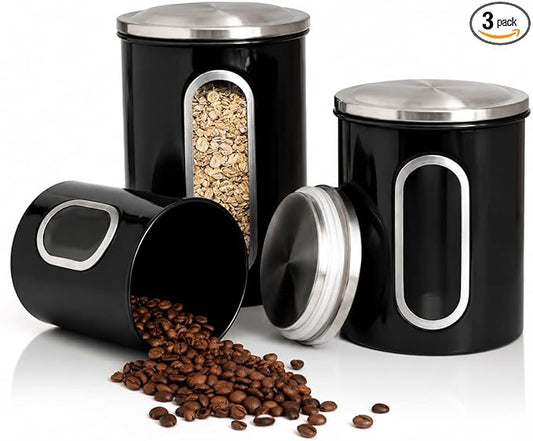 Moss & Stone 3-Piece Black Canisters Sets For The Kitchen, Airtight Canister Set With See Through Window, Storage Jars for Coffee Container, Tea Organizer & Sugar Canister, Black Kitchen Canisters