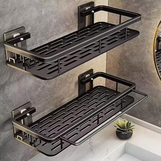 EVALAND Shower Caddy Adhesive 2-Pack with Hooks and Rod for Towels, Black – Premium Bathroom Shower Shelves, Shampoo Organizer, Bathtub Shelf, Rustproof, Easy Installation, Sturdy Modern Look