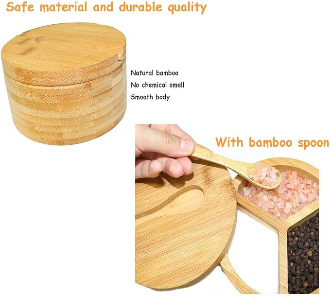 Bamboo Salt and Pepper Box, 3 Compartment Salt and Pepper Cellar With Lid and Spoon,Spice Condiment Container for Kitchen Countertop