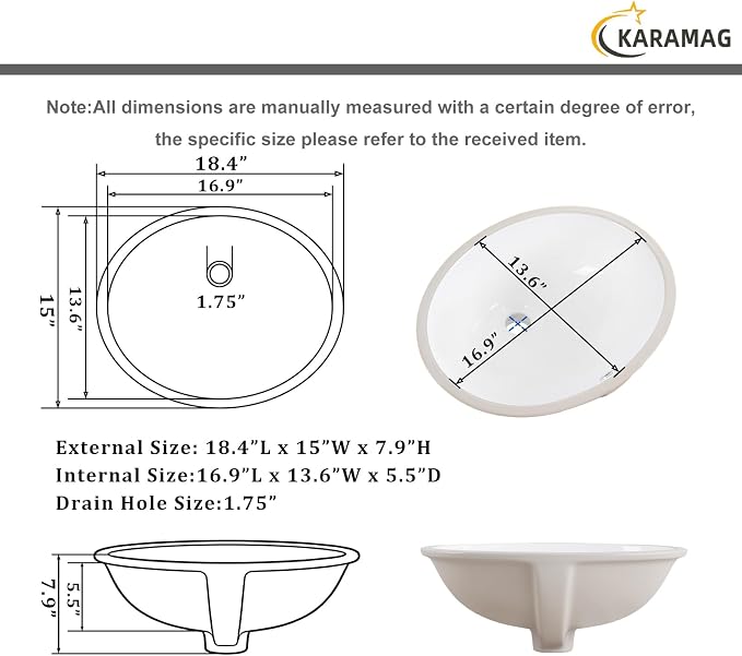 18.4 Inch Undermount Bathroom Sink Oval Undermount Sink White Ceramic Under Counter Bathroom Sinks with Overflow (18.4"x15")