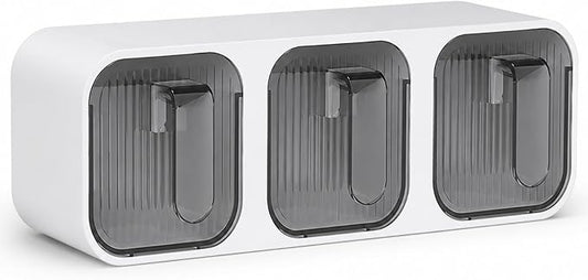 Wall Mounted Spice Box Organizer with Spoons, No Drill Kitchen Seasoning Containers for Salt Sugar Pepper, Pull Out Seasoning Storage Holder for Countertop Cabinet Pantry (White 3 Compartments)