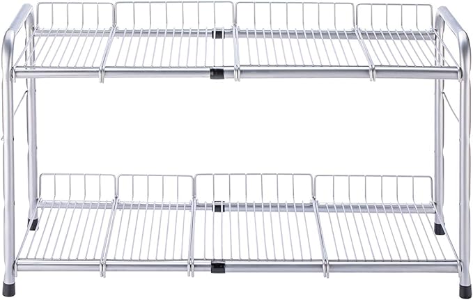 FlagShip 2 Tier Under Sink Organizers and Storage Rack Expandable Cabinet Shelf for Kitchen Bathroom Silver (17-25 inches)