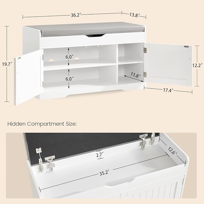 TEENFON 2-Tier Storage Bench, Shoe Bench with Adjustable Shelf & Lift Top Storage, Entryway Bench with Cushioned Seat,13.8"D x 36.2"W x 19.7"H, Shoe Organizer for Entryway, Living Room, Bedroom, White