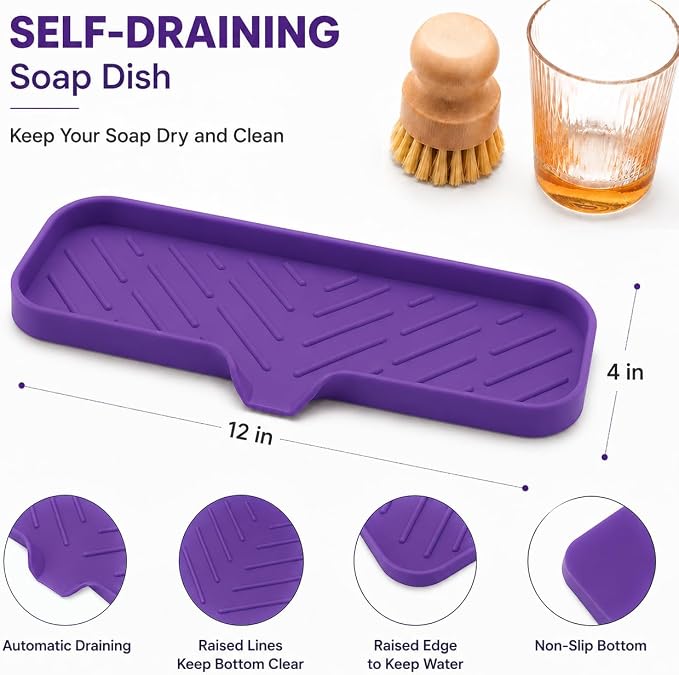 MicoYang Silicone Soap Dish with Drain Spout — Self-Draining Double Sink Organizer Tray for Kitchen & Bathroom, Dispensers, Sponges & Soap Holder, Non-Slip & Dishwasher Safe, Purple (Large, 12"×4")