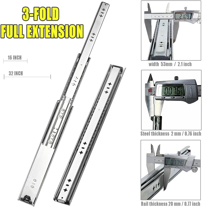 Heavy Duty 16" Drawer Slides, Full Extension Ball Bearing, 300LB | 53MM Width, 3-Fold Design, Side Mount, Smooth & Quiet Operation, for Cabinets, Drawers, Workbenches