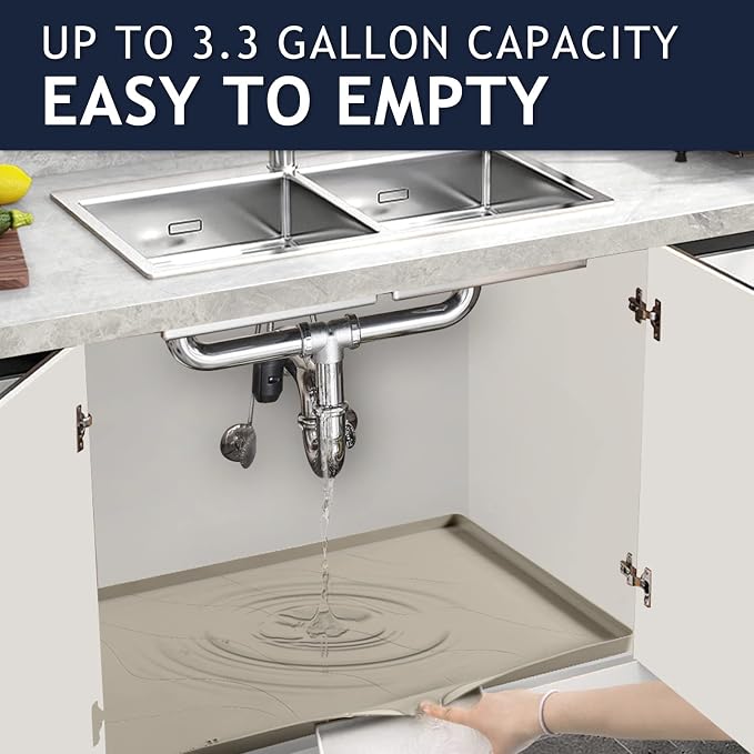 Heavy Duty Silicone Under Sink Mat for Kitchen&Bathroom 25" x 19", Waterproof Under Sink Rubber Mat Drip Tray, Raised Edge Under Sink Liner,Prevent Drips, Leaks, Spills,Brown