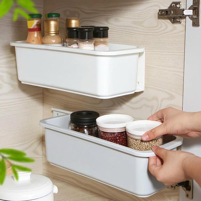 Pull-out Adhesive Wall Mount Storage Box Gray, Kitchen and Bathroom Cabinet Organizer Rack with No-drill Installation, Space-saving Cosmetic and Household Storage Holder