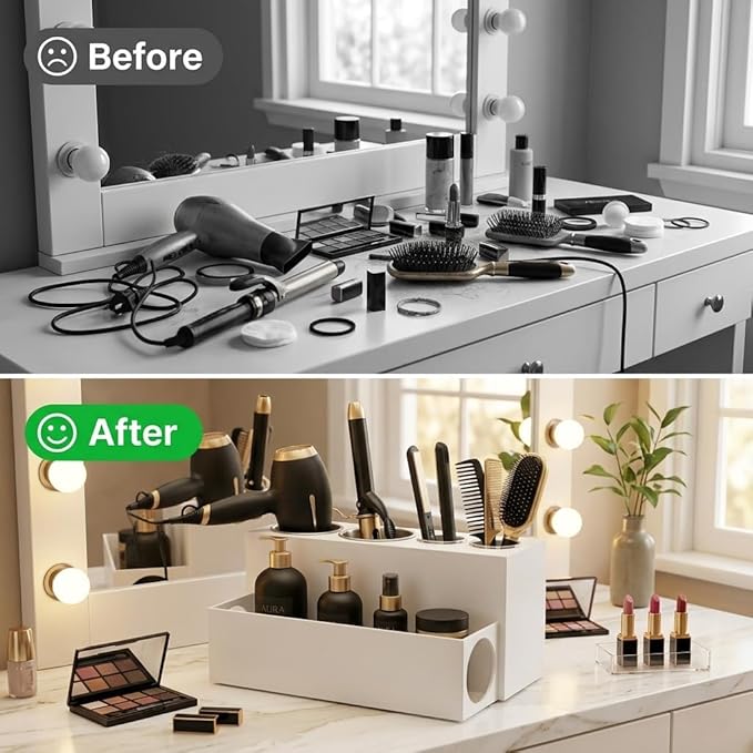 SOL ECO Hair Tool Organizer for Bathroom Countertop - Heat-Safe Stainless Steel Cups - Professional Acrylic Styling Station for Blow Dryers, Flat Irons, Curling Wands and Brushes (Acrylic)