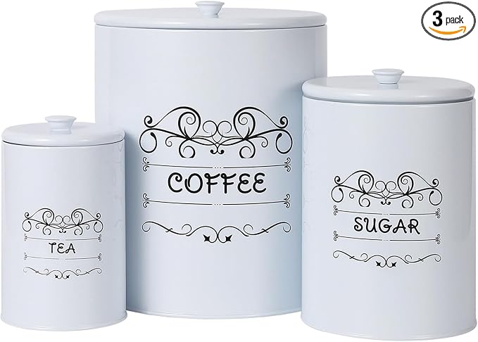 Kitchen Canisters Set of 3, Food Storage Containers for Countertop, Large Airtight Coffee Sugar Tea Containers with Lids, White Farmhouse Decor