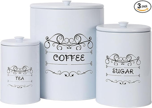 Kitchen Canisters Set of 3, Food Storage Containers for Countertop, Large Airtight Coffee Sugar Tea Containers with Lids, White Farmhouse Decor