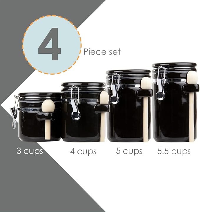 Canister Sets For The Kitchen (4 Piece Set) Black, High Gloss Ceramic By Home Basics Decorative Kitchen Set With Wooden Spoons, Countertop Set For Flour, Sugar, Coffee, and Snacks