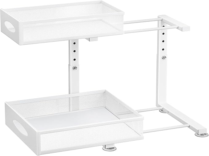 Under Sink Organizer, 1-Pack Pull Out Cabinet Organizer 2 Tier Metal Slide Out Storage Shelf Rack, L-Shaped Adjustable Height,Mesh Sliding Drawer for Kitchen, Bathroom, Laundry, Pantry, White, XL