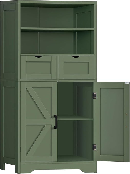 TEENFON Bathroom Cabinet with Adjustable Shelf & 2 Drawers, Farmhouse Storage Cabinet with 2 Doors, Kitchen Storage Cabinets for Living Room, Entryway, Home Office, Forest Green