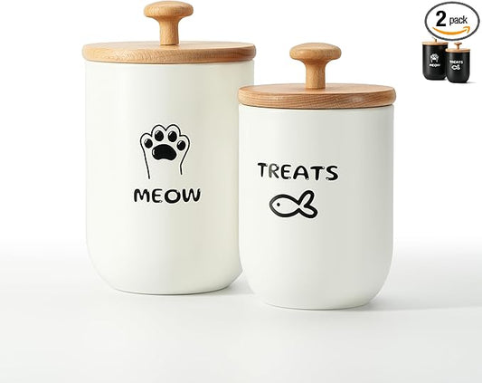 Cat Treat Container with Airtight Lid, Cat Food Oganizer Dry Food, Cat Food Storage Containers, Pet Treats Canister, Cat Treat Jar Set of 2-8.3x4.9 & 7.1x4.3 (White)