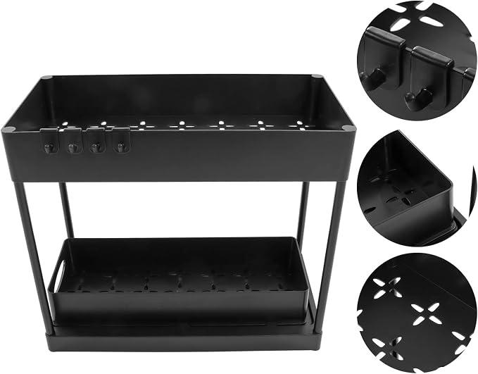 Slide Out Storage Basket Organizer Space Saving for Kitchen Bathroom (Black)