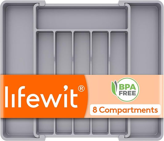 Lifewit Silverware Drawer Organizer, Expandable Utensil Tray for Kitchen, BPA Free Flatware and Cutlery Holder, Adjustable Plastic Storage for Spoons Forks Knives, 10.9"-17.5" x 13.7", Gray