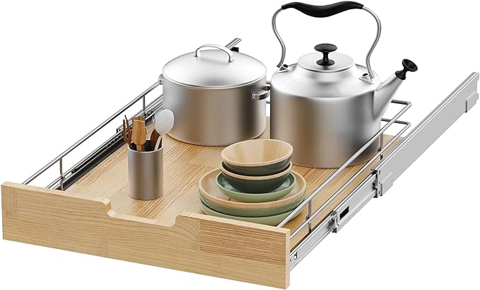 Sikarou Pull Out Cabinet Organizer,Heavy-Duty Slide Out Shelf, Wood And Wire Basket, Pull Out Drawer for for Kitchen Under Sink Space, Pantry, Bathroom (14 * 21 WM)